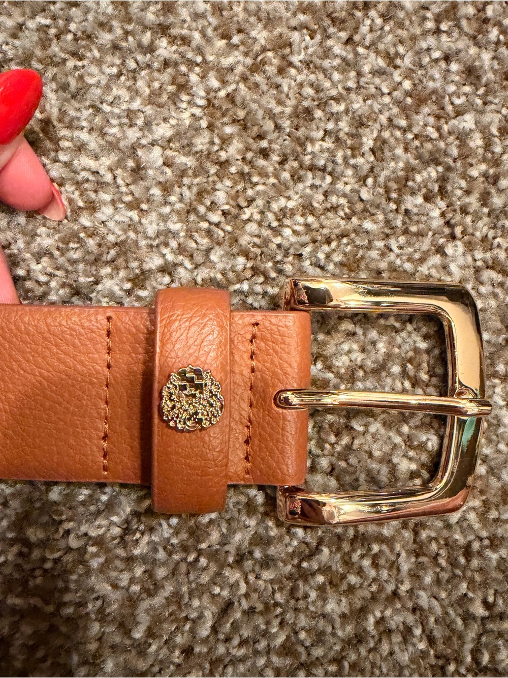 Vince Camuto Cognac Leather Belt with Gold Buckle and Logo Stud